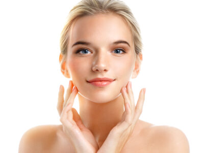 Image of beautiful blonde girl isolated on white background. Skin care concept